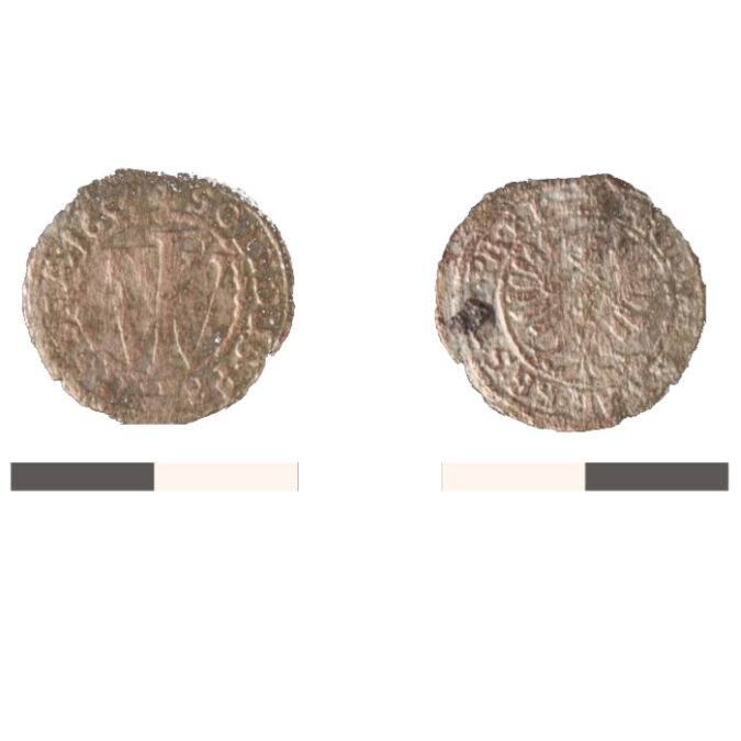 Монета – прусский ленный шеляг Фридриха Вильгельма Гогенцоллерна , раскоп XXIV, кв. 110 F, 1654 год
